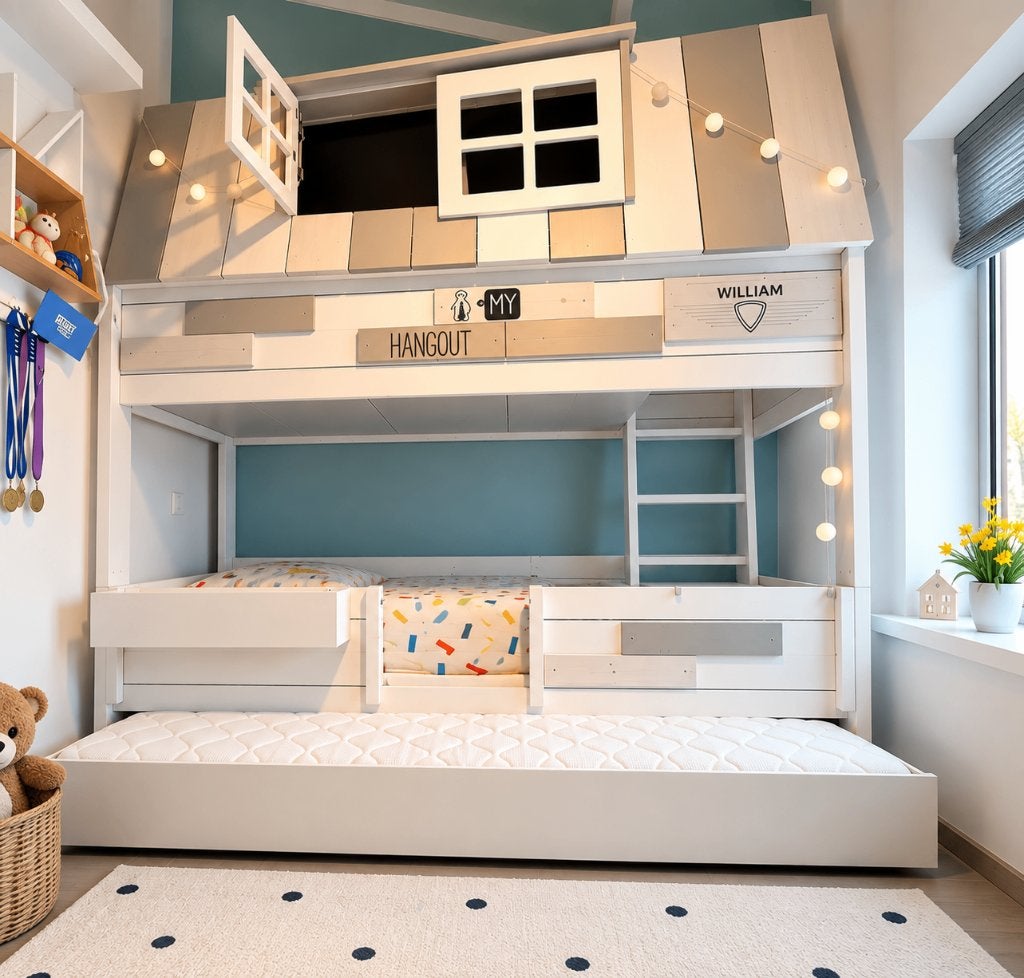 Lit cabane LIFETIME KIDS en bois massif + lit gigogne, 90 cm, Comme neuf, Enlèvement, Scandinave
