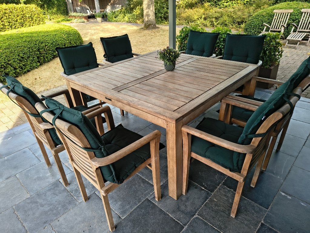 tuinset teak   tafel 150x150cm met 8 stoelen en 8 kussens, Ophalen, Gebruikt, Vierkant, Teakhout