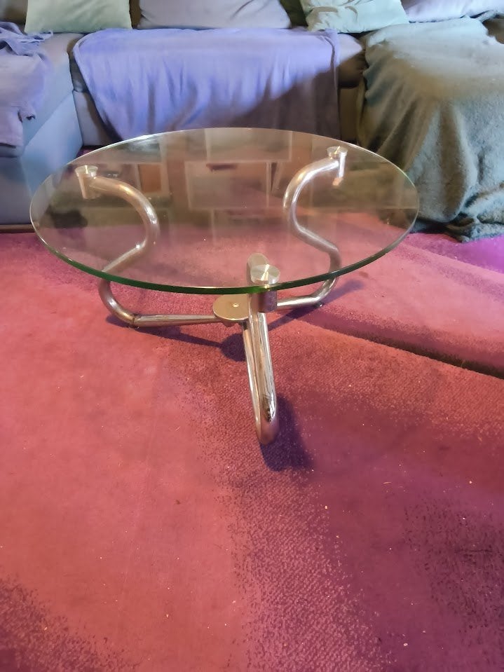 Design ronde salontafel - Glas + verchroomd metaal - Ø70 cm, Ophalen, Gebruikt, 50 tot 100 cm, Glas