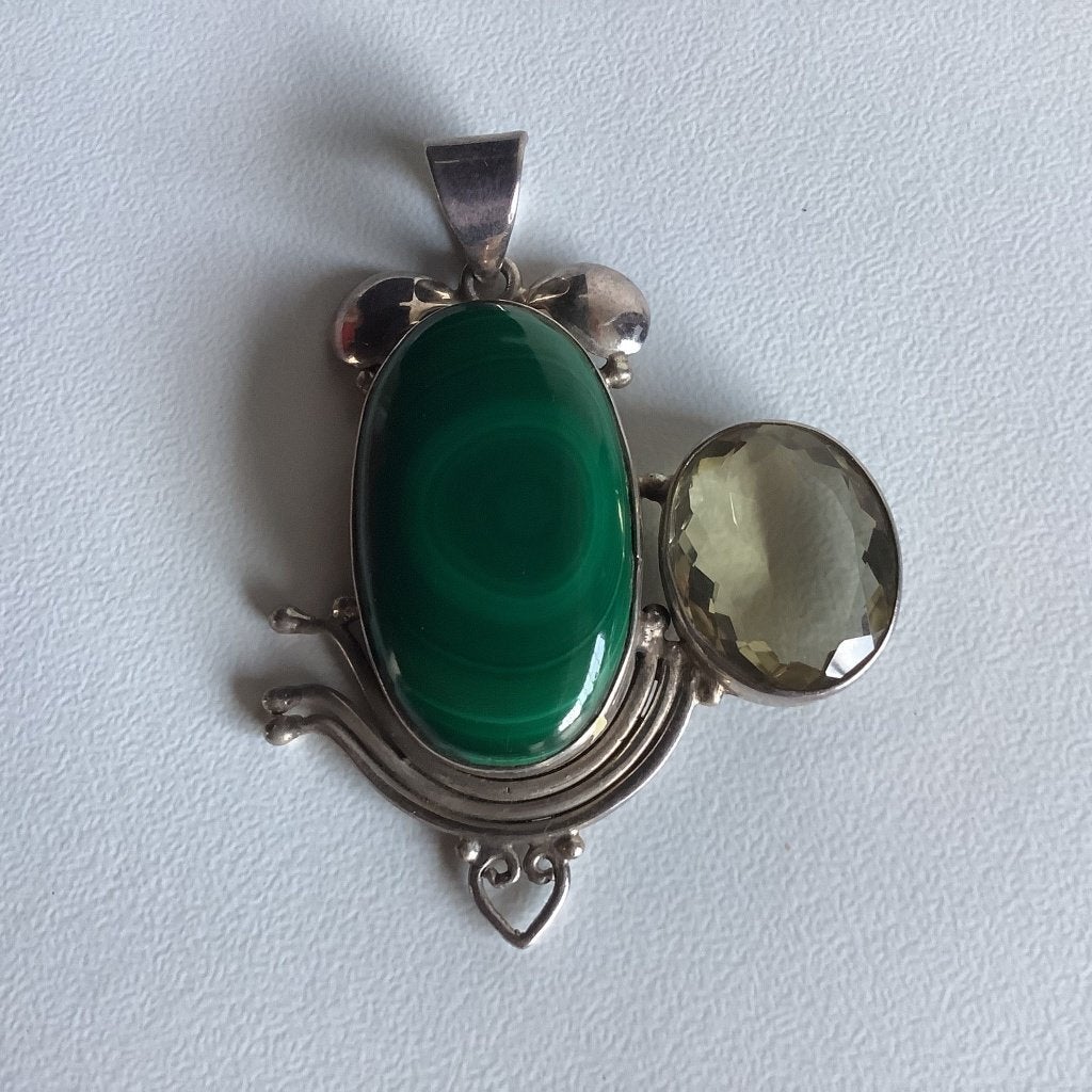 mooie zilveren art nouveau hanger met malachiet en citrien, Ophalen of Verzenden, Zilver, Hanger, Met edelsteen