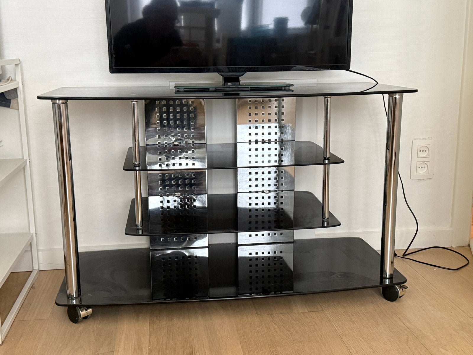 Zwart glas / inox tv meubel, Huis en Inrichting, Ophalen, Gebruikt, Glas