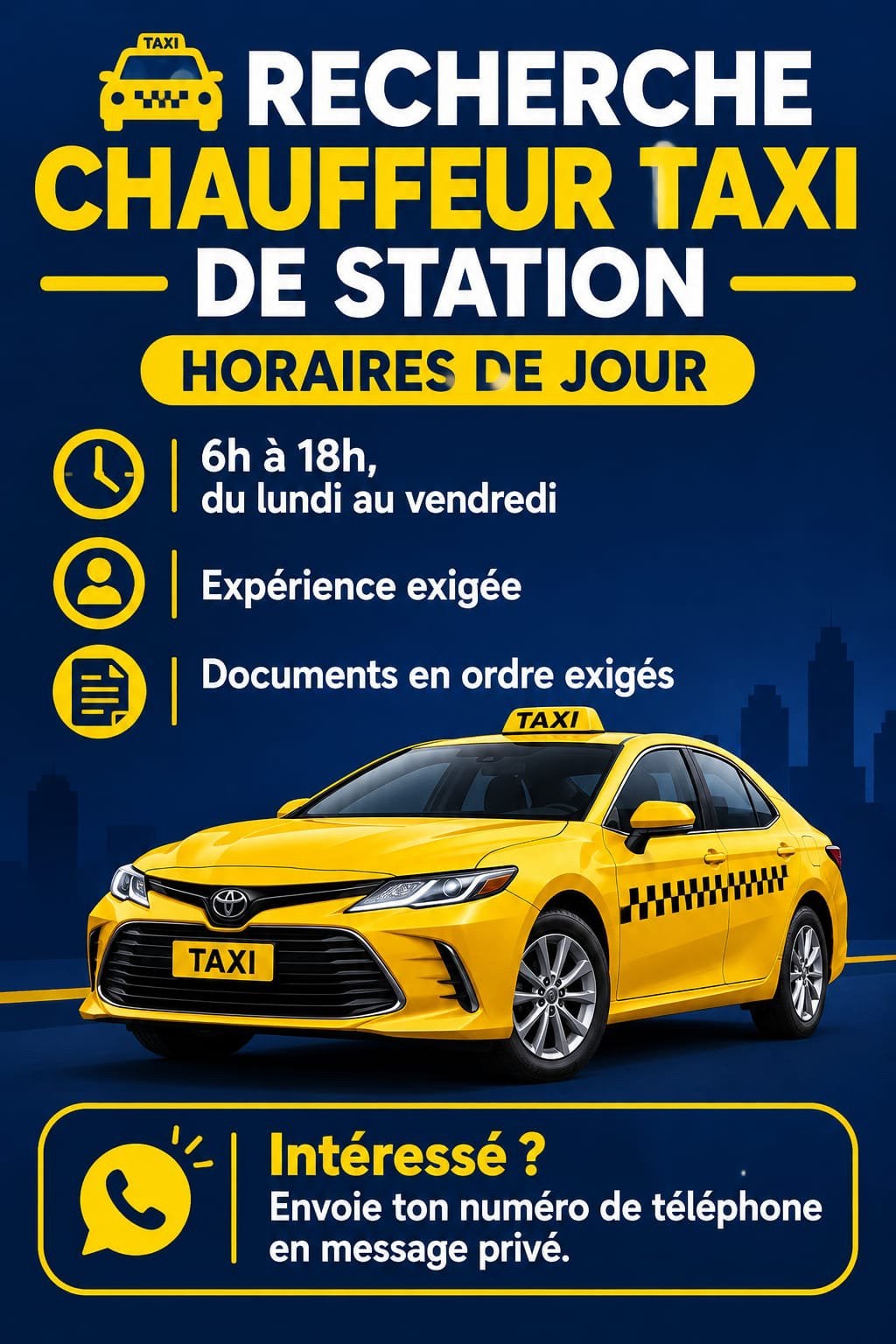Offre d’emploi : Chauffeur de taxi de station journée, Enlèvement