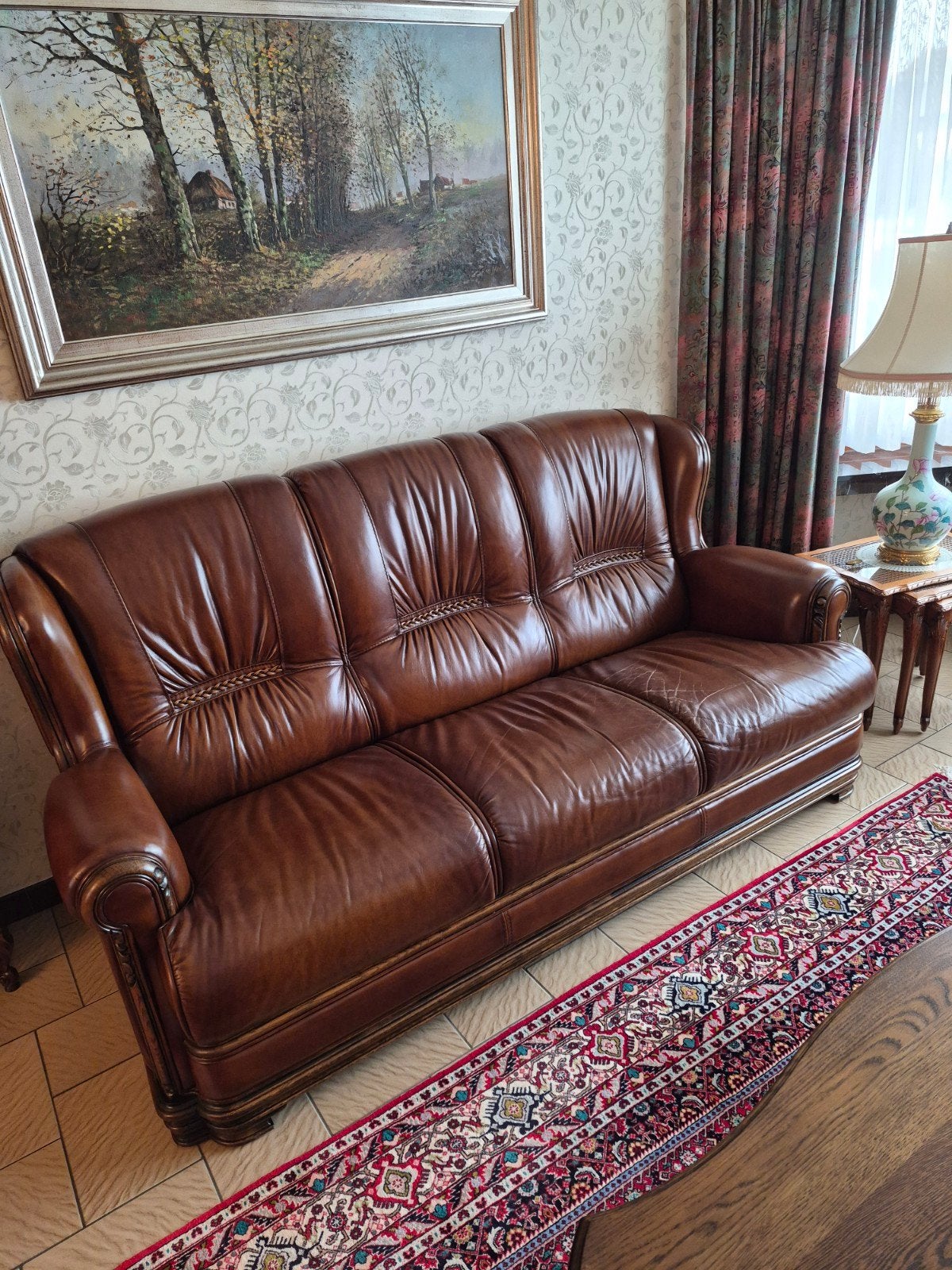 Te koop : lederen salon in perfecte staat, Ophalen, Hout