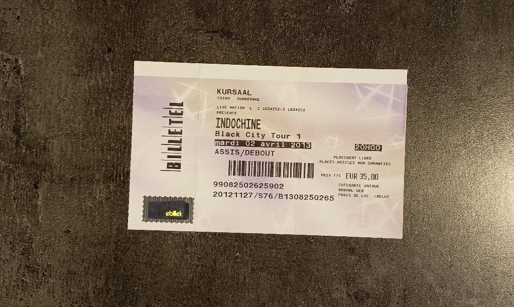 Ticket Indochine Kursaal Dunkerke 02.04.2013 Black City Tour, Envoi