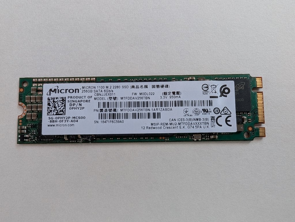 Micron 1100 256GB M.2 SATA 2280 SSD 6Gb/s, Ophalen, Intern, Gebruikt, 256GB