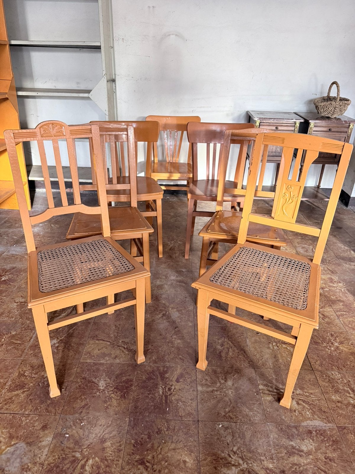 7 x gele caféstoelen - mooi geschilderd, Ophalen