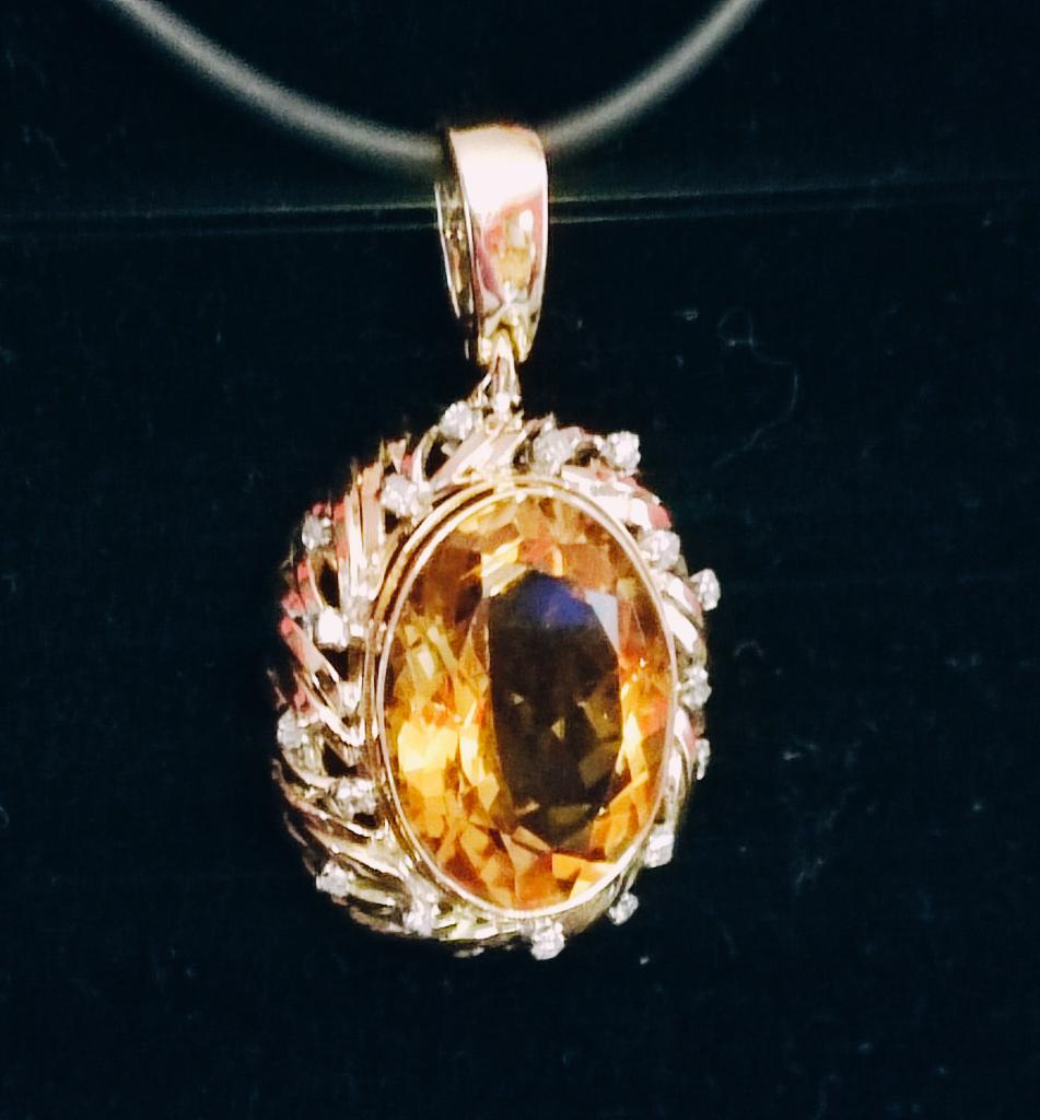 Gouden hanger met citrien 12 kt en diamanten, Ophalen of Verzenden, Zo goed als nieuw, Met edelsteen, Goud