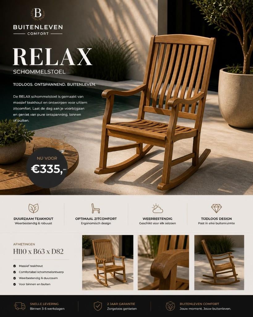 schommelstoel type relax teak, Huis en Inrichting, Ophalen, Bruin, Nieuw, Teak