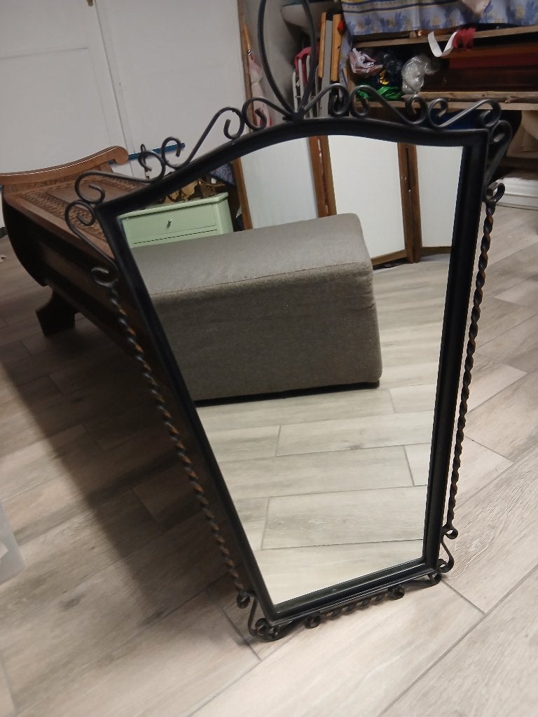 Miroir Vintage en Fer Forgé Noir – Style Années 60 / 70, Maison & Meubles, Moins de 100 cm, Enlèvement, Utilisé, Moins de 50 cm