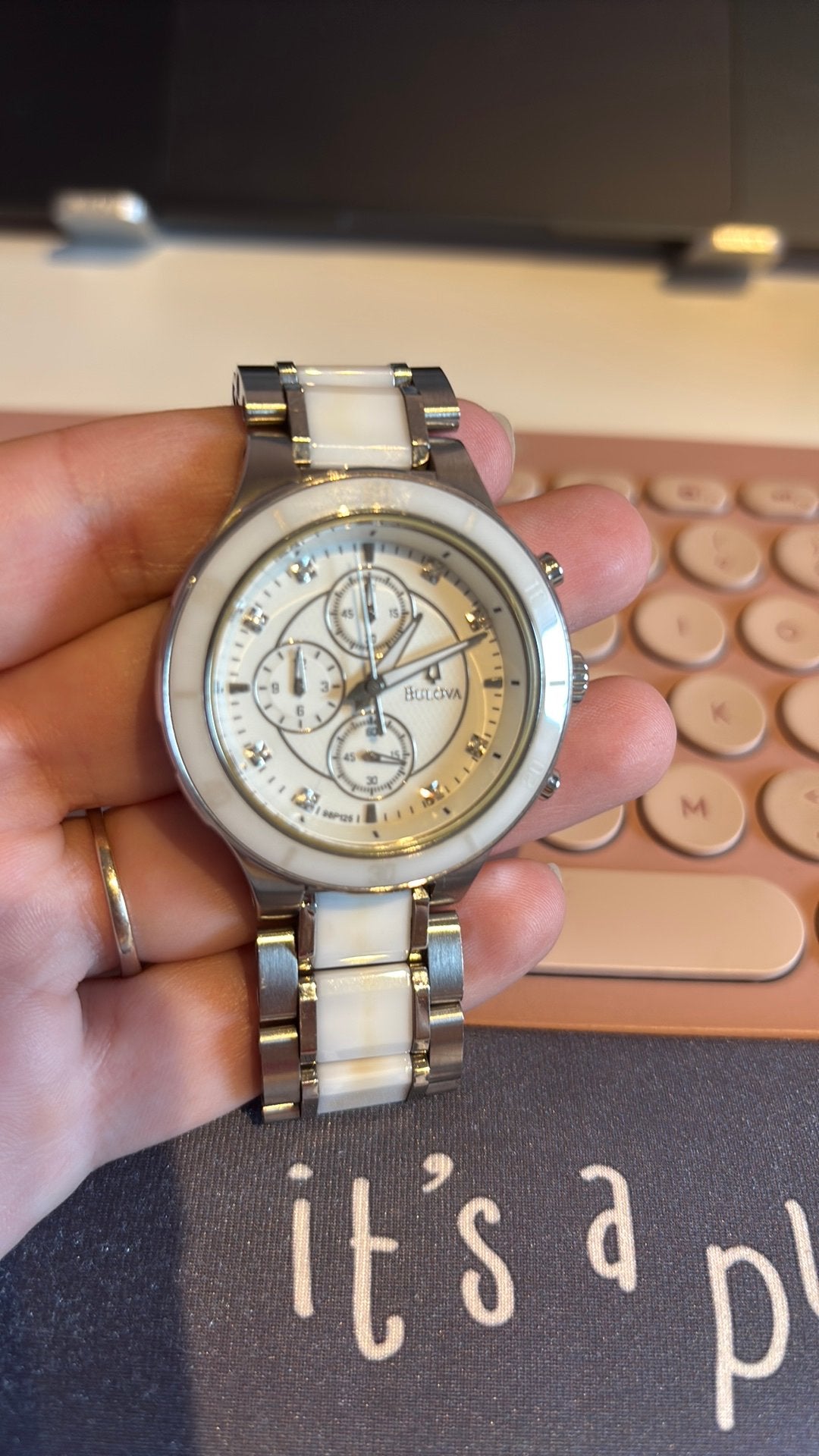 Bulova C860888 Chronograph – wit/zilver dameshorloge, Overige merken, Staal, Gebruikt, Staal