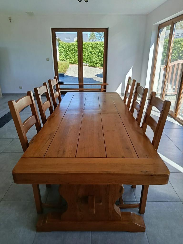 Boerentafel met verlengstukken en 6 massief eikenhouten stoe, Huis en Inrichting, Complete eetkamers, Zo goed als nieuw, 4 tot 6 stoelen