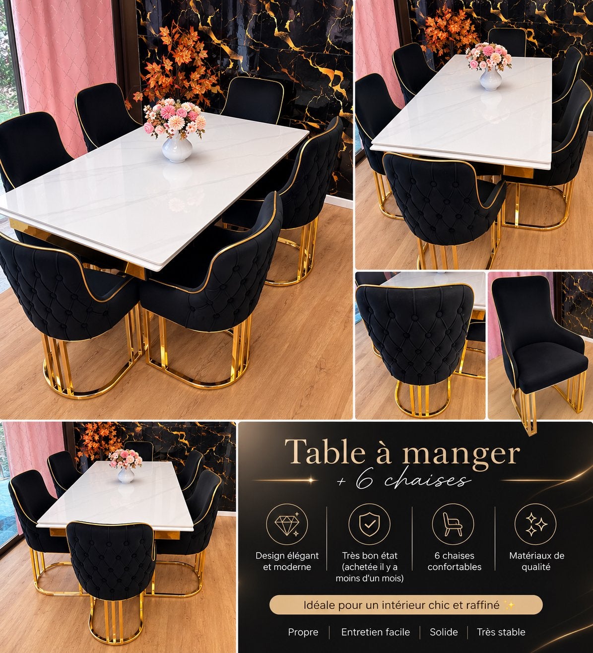Magnifique chaise salle à manger noir et or bon État  – 50 €, Maison & Meubles, Chaises, Comme neuf, Enlèvement, Cinq, Six Chaises ou plus