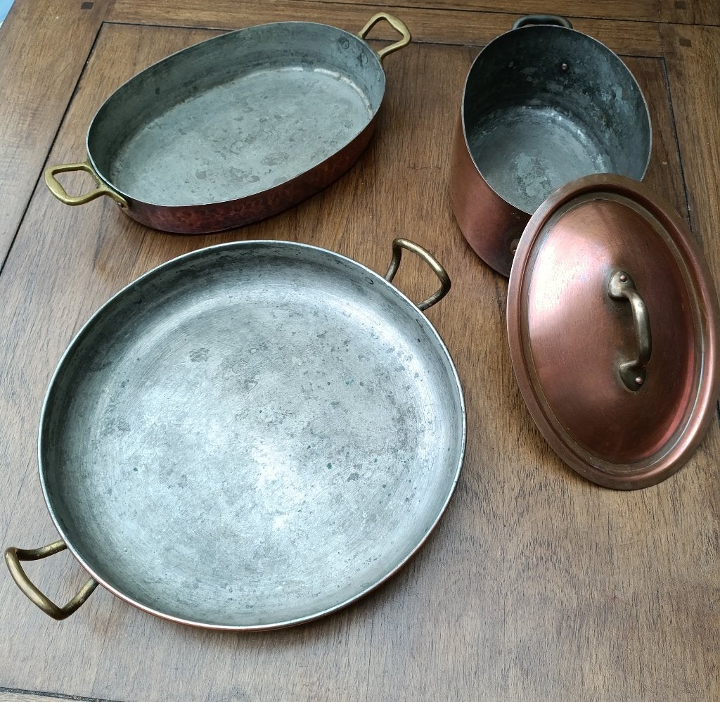 lot de 3 casseroles en cuivre étamé, Enlèvement, Casserole, Avec couvercle, Cuivre
