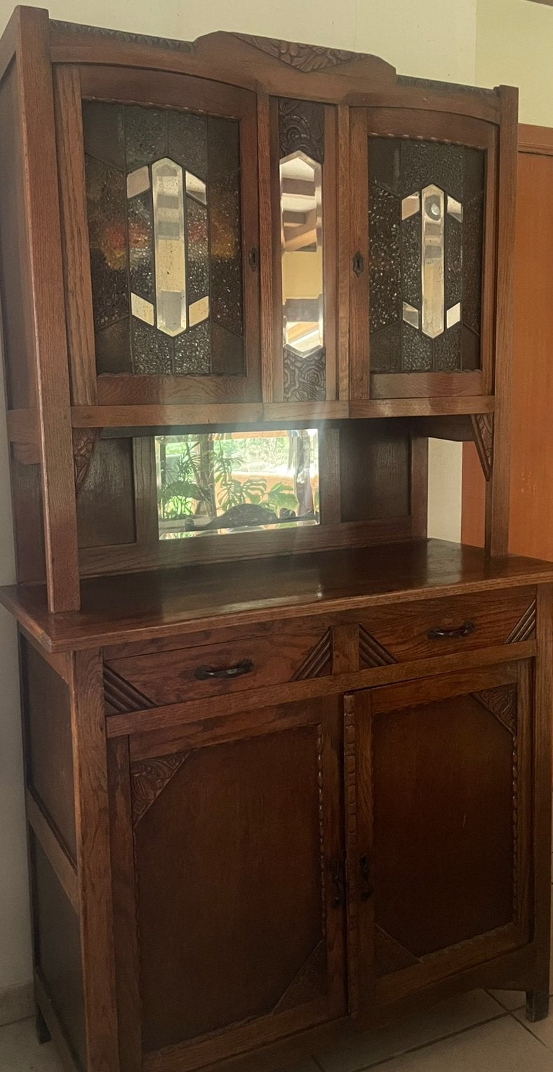 Vintage salonkastje met speciaal glaspatroon, Huis en Inrichting, Ophalen, Zo goed als nieuw, Eikenhout
