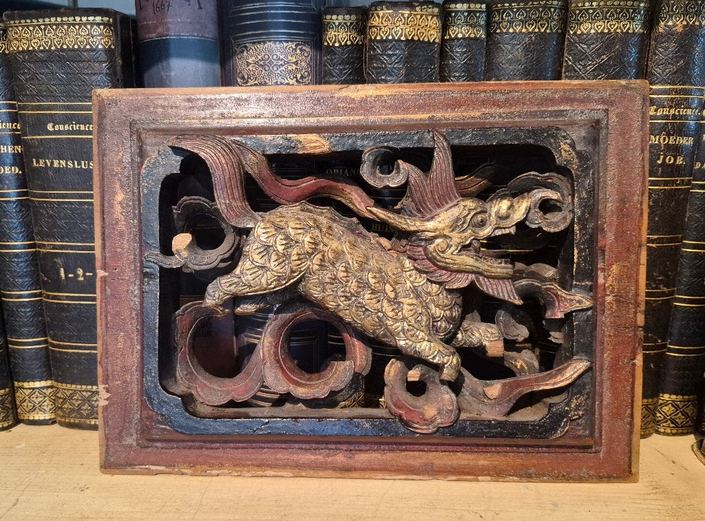 Antiek houtsnijwerkpaneel, qilin, China, Houtsnijwerk, Ophalen of Verzenden, Zoogdier, 20 - 50 cm