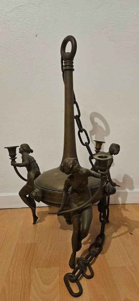 Lustre Art Nouveau en Bronze Massif – Époque 1900 – 3 Feux, Enlèvement, Bronze