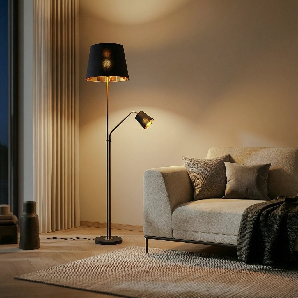 Vloerlamp Zwart/Goud met leeslamp - als nieuw!, Ophalen, E27 (groot), Zo goed als nieuw, Modern