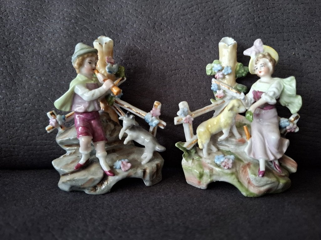 Set van 2 vintage porseleinen beeldjes – jongen & meisje, Antiek en Kunst, Ophalen of Verzenden