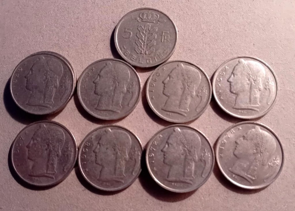 Lot van 11 muntstukken 5 bef (verschillende jaartallen), Ophalen, Setje