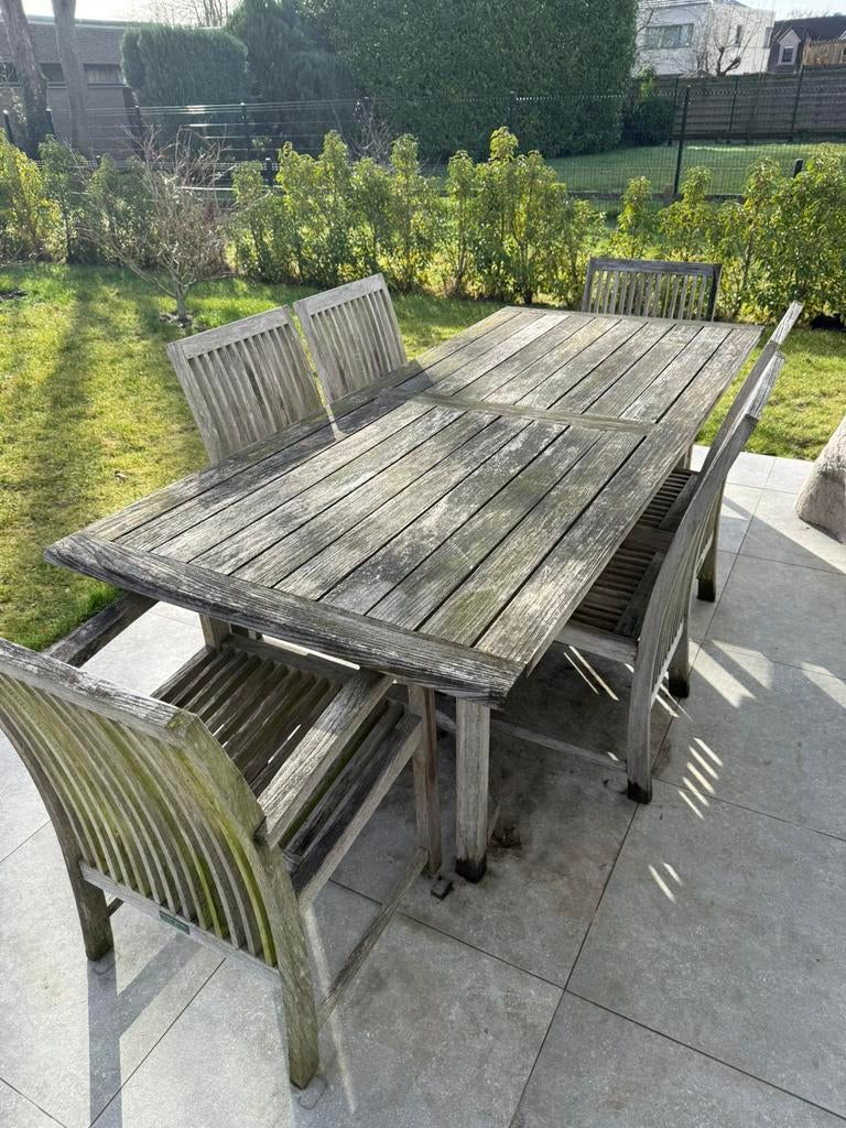 Tuintafel Taek hout en stoelen - 6p personen, Ophalen, Zo goed als nieuw