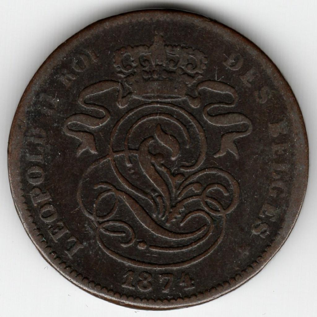 Belgique : 2 Centimes 1874 Morin 210 Ref 12683, Timbres & Monnaies, Monnaies | Belgique, Enlèvement ou Envoi, Bronze, Monnaie en vrac
