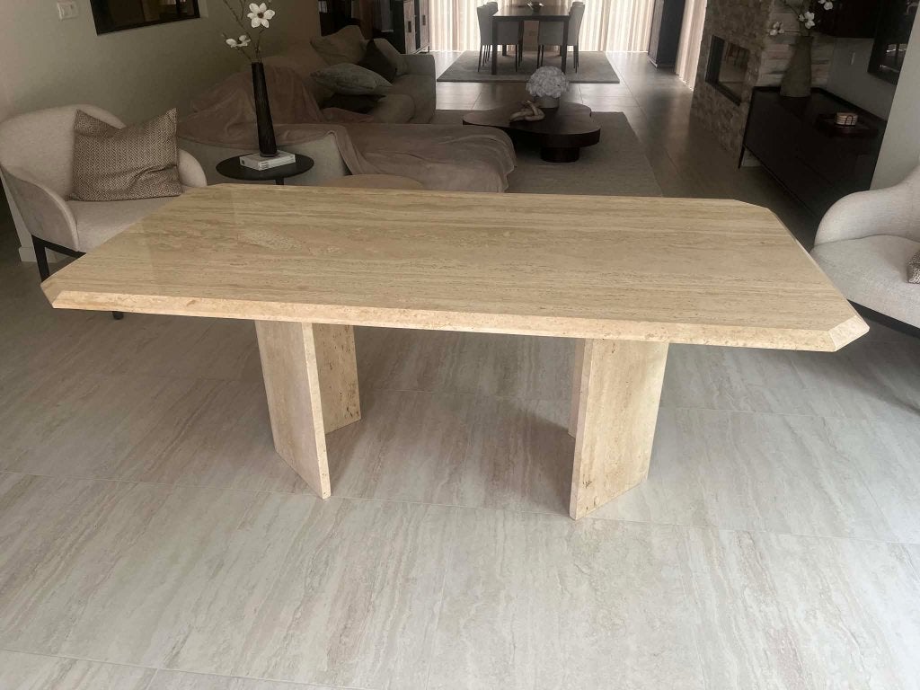 Zeer mooie travertin eettafel 180x90, Gebruikt, Vijf personen of meer, 150 tot 200 cm, Rechthoekig