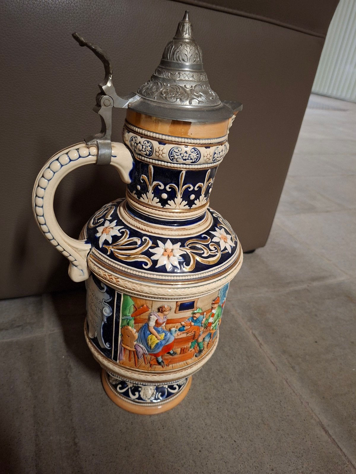 Antieke Duitse Bierkruik / Schenkkan met Tinnen De, Ophalen of Verzenden