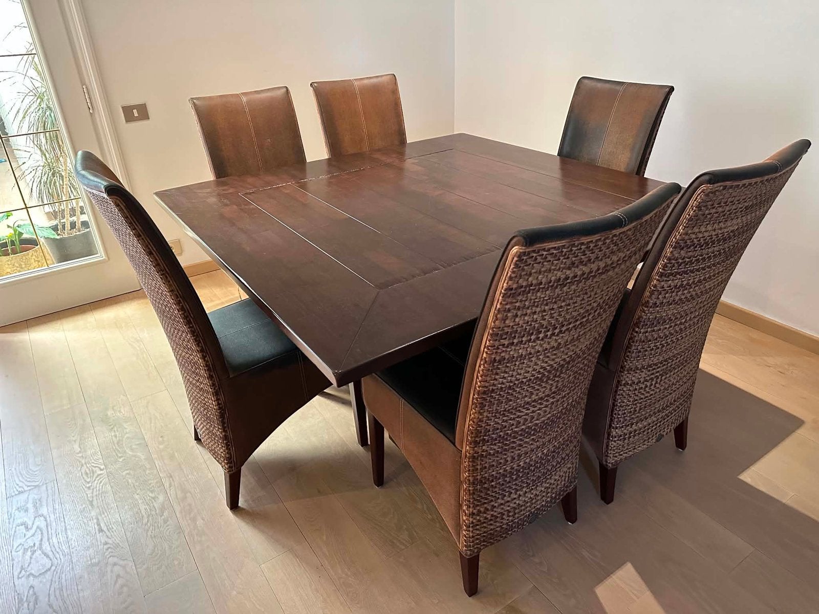Grote tafel met 6 stoelen, Huis en Inrichting, Tafels | Eettafels, Ophalen, Gebruikt, Vijf personen of meer, Vierkant
