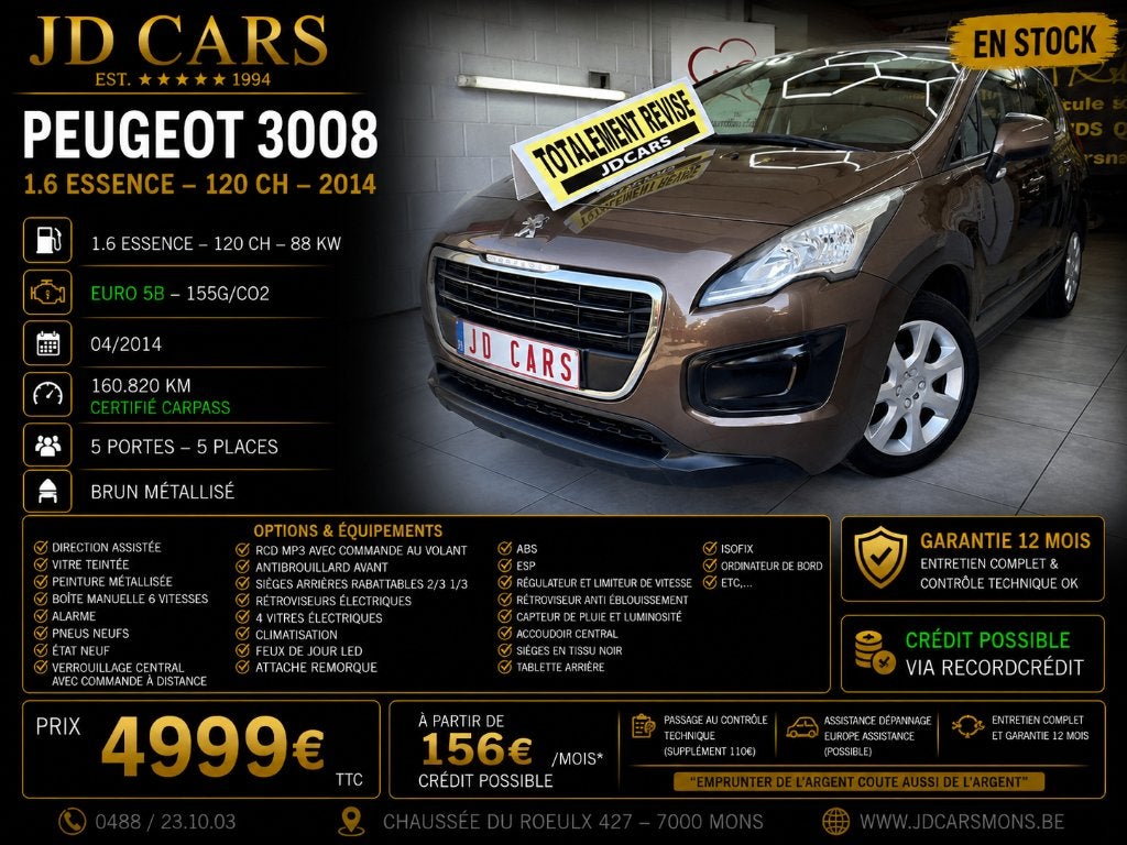 PEUGEOT 3008 1.6 ESSENCE ‼️GARANTIE 1 AN CTOK‼️, Euro 5, Achat, Entreprise, Garantie prolongée