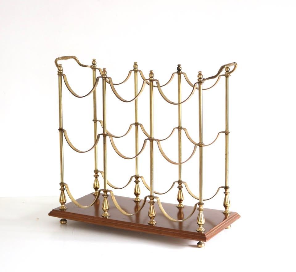 Brass and wood bottle rack 1960s - Vintage messing wijnrek, Ophalen, Metaal