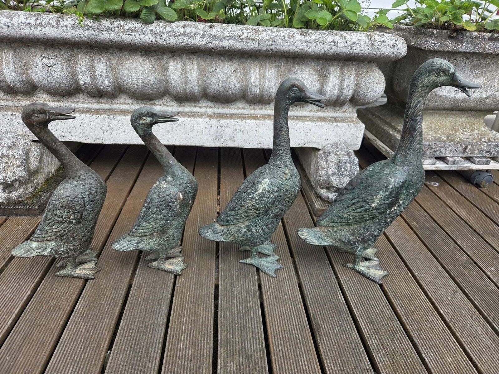 Unieke set van 4 massieve bronzen eenden – authentiek vintag, Antiek en Kunst, Antiek | Brons en Koper, Ophalen of Verzenden, Brons