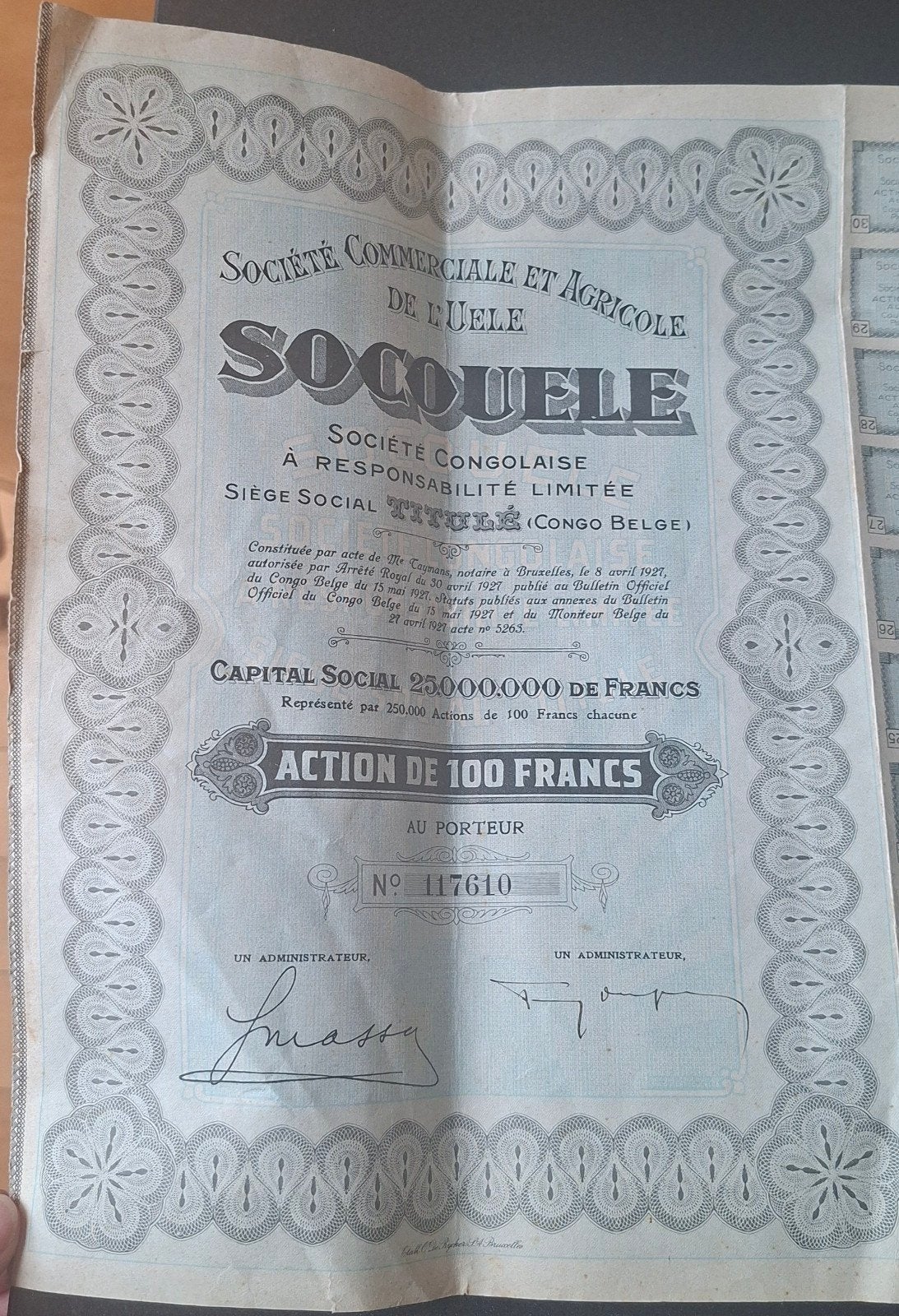 Stock ancien unique 1927 — Socouele (Congo belge), Timbres & Monnaies, Enlèvement ou Envoi, 1920 à 1950, Action