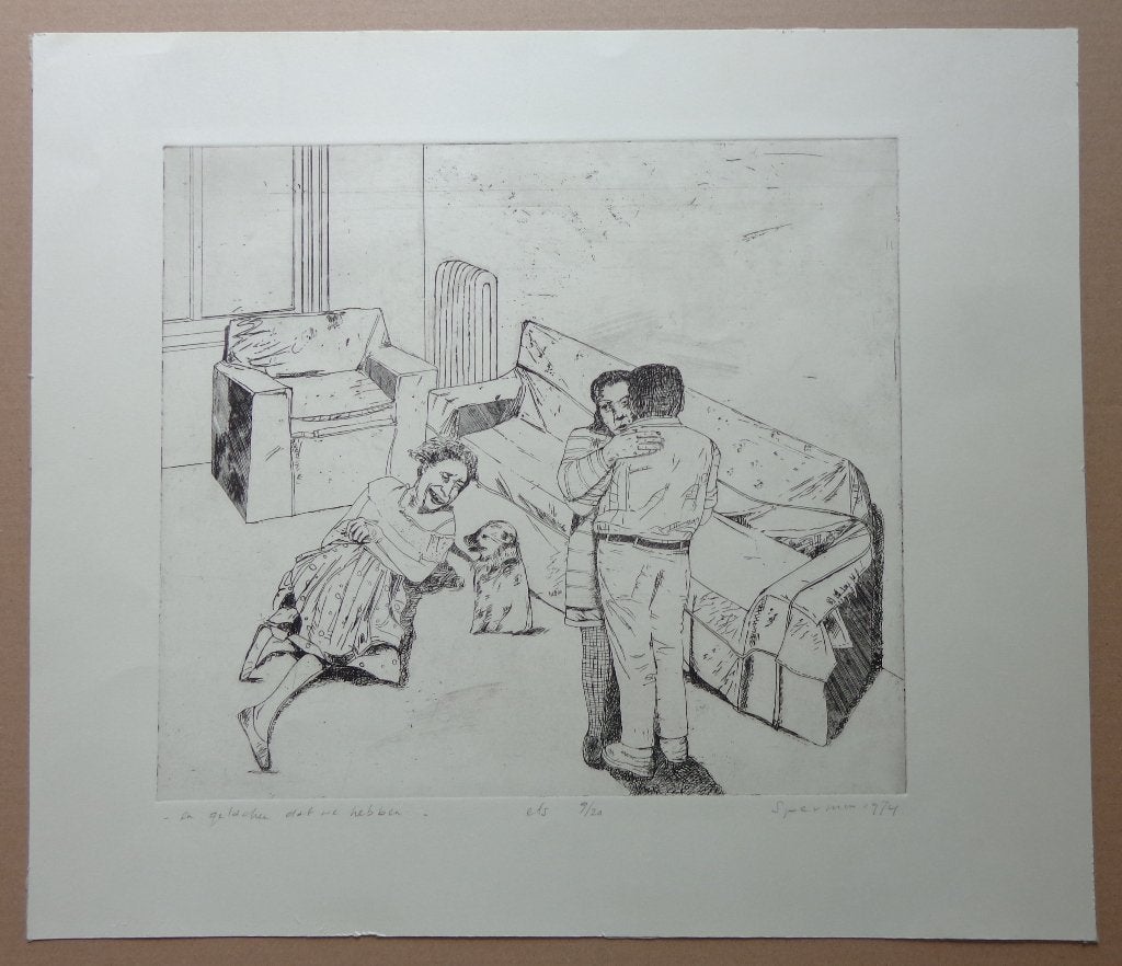 KEES SPERMON / EN GELACHEN DAT WE HEBBEN / ZW-W ETS 45x52cm, Signé, Enlèvement ou Envoi, Eau-forte