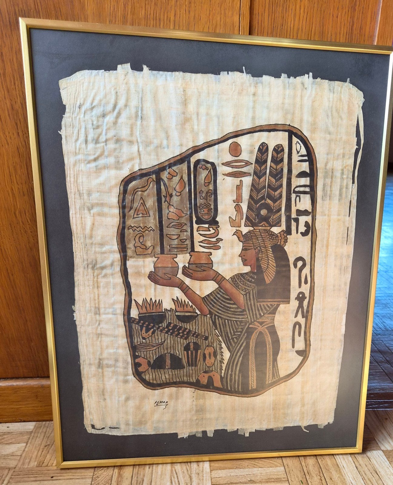 Peinture sur papyrus égyptienne - peinte à la main - signée, Antiquités & Art, Enlèvement, Signé
