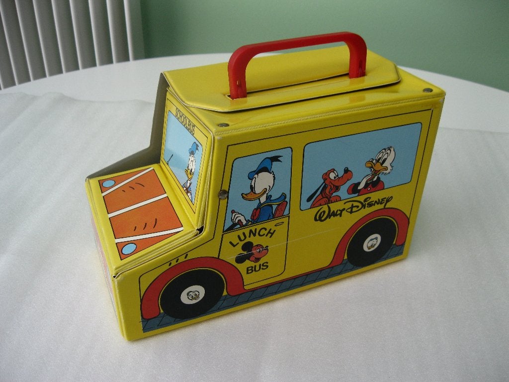 Walt Disney: vintage schoolbus lunchkoffer (Forty Four), Enlèvement ou Envoi, Dingo ou Pluto, Utilisé, Sac, Valise ou Pochette