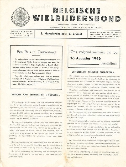 (sp116) Belgische Wielrijdersbond, 1946, Boeken, Sportboeken, Verzenden, Gelezen