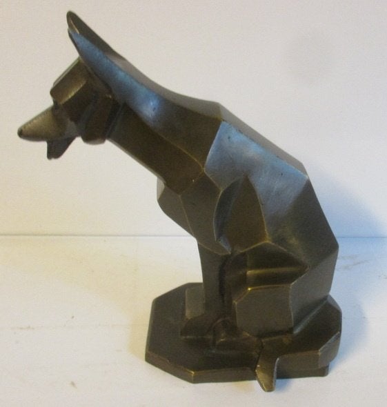 bronzen kubistisch geometrisch beeld zittend hondje, Verzenden, Brons