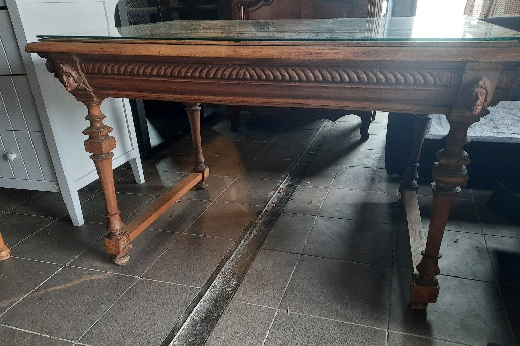 Table ancienne chêne massif–Style Renaissance–Plateau verre, Antiquités & Art, Enlèvement