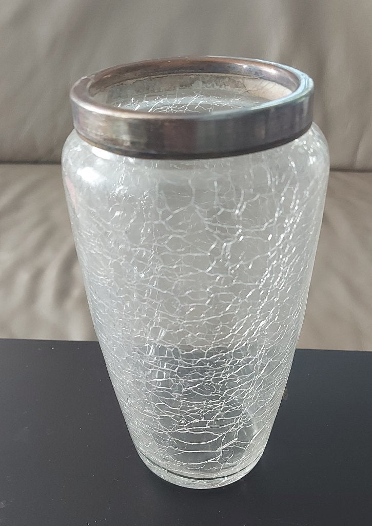 Vase en verre craquelé et bord en métal, Enlèvement, Utilisé, Verre, Moins de 50 cm