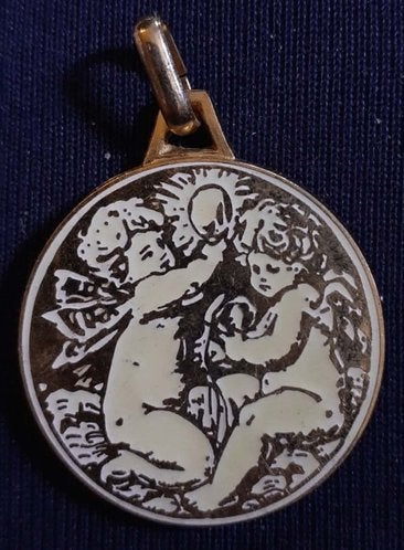 pendentif rond aux deux cherubins, Enlèvement ou Envoi, Autres couleurs, Comme neuf, Croix ou Symbole