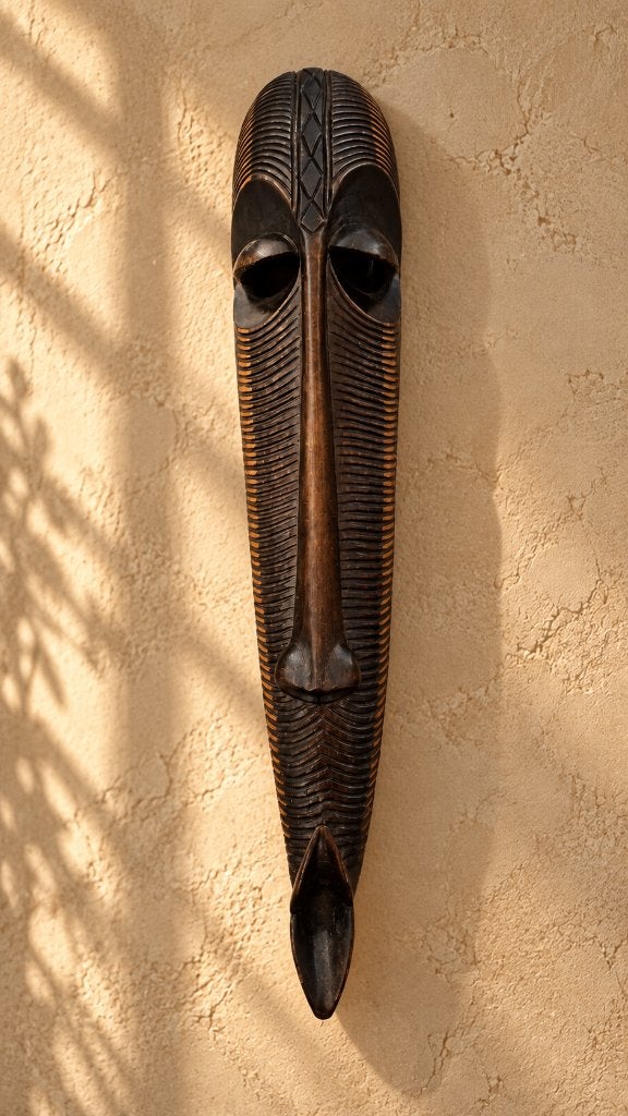Groot Afrikaans masker in gesneden hout, Hout, Bruin, Afrika, Ophalen of Verzenden