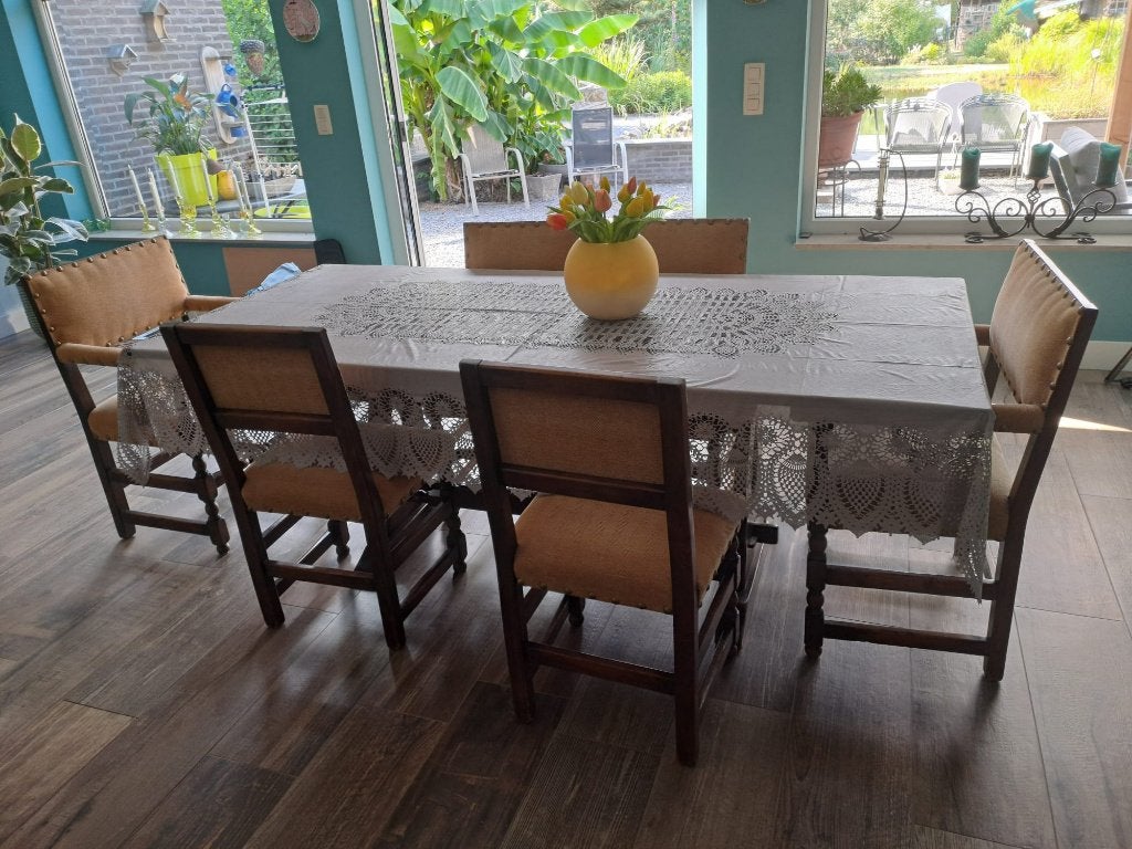 eettafel en stoelen, Huis en Inrichting, Ophalen, Eikenhout, 200 cm of meer, Zo goed als nieuw
