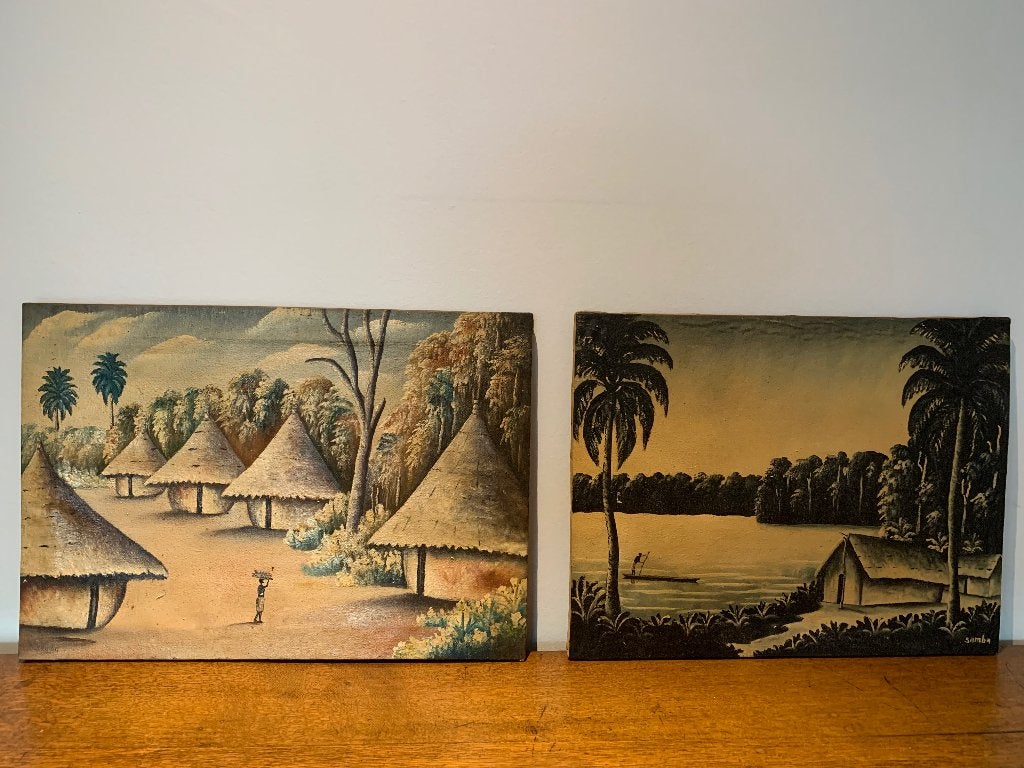 ensemble peintures congolaises (Gemena, 1960) Signé 'Samba', Enlèvement ou Envoi, Peinture à l'huile, Paysage, Signé