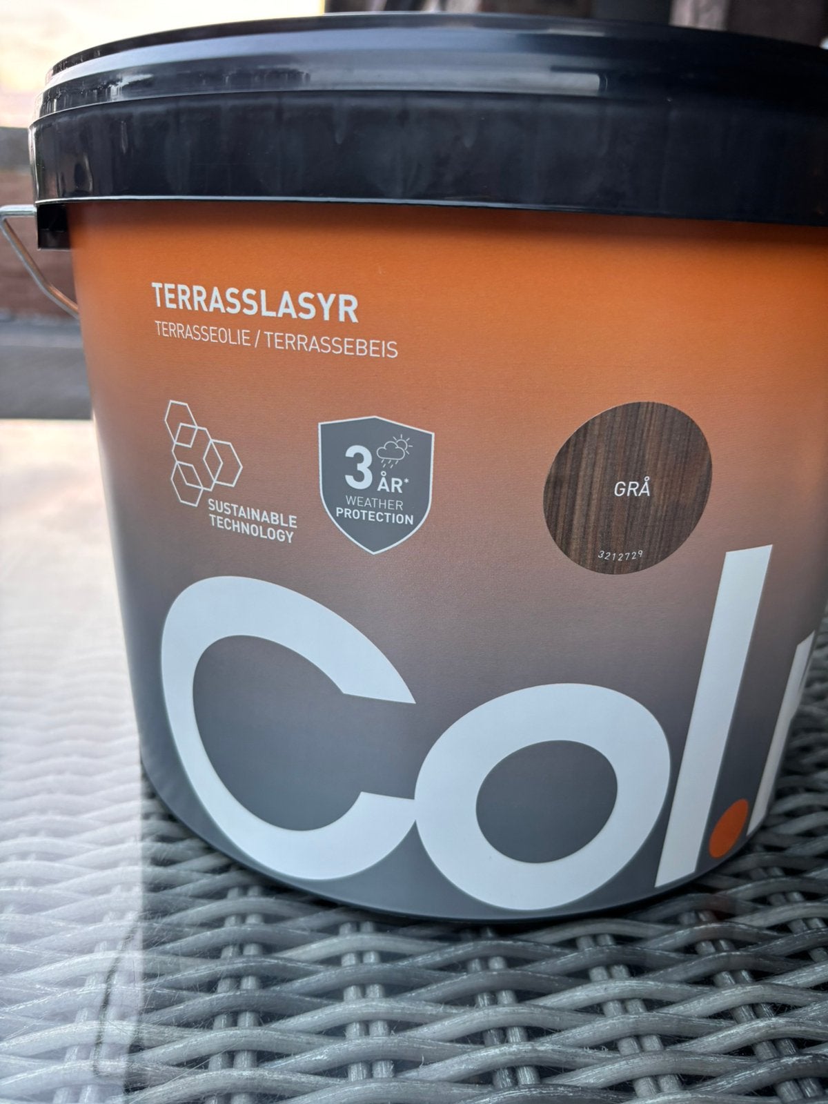 Terrasbeits / Terrasolie Grijs - Col.r 10L, Nieuw, Beits, Ophalen of Verzenden, 10 tot 15 liter