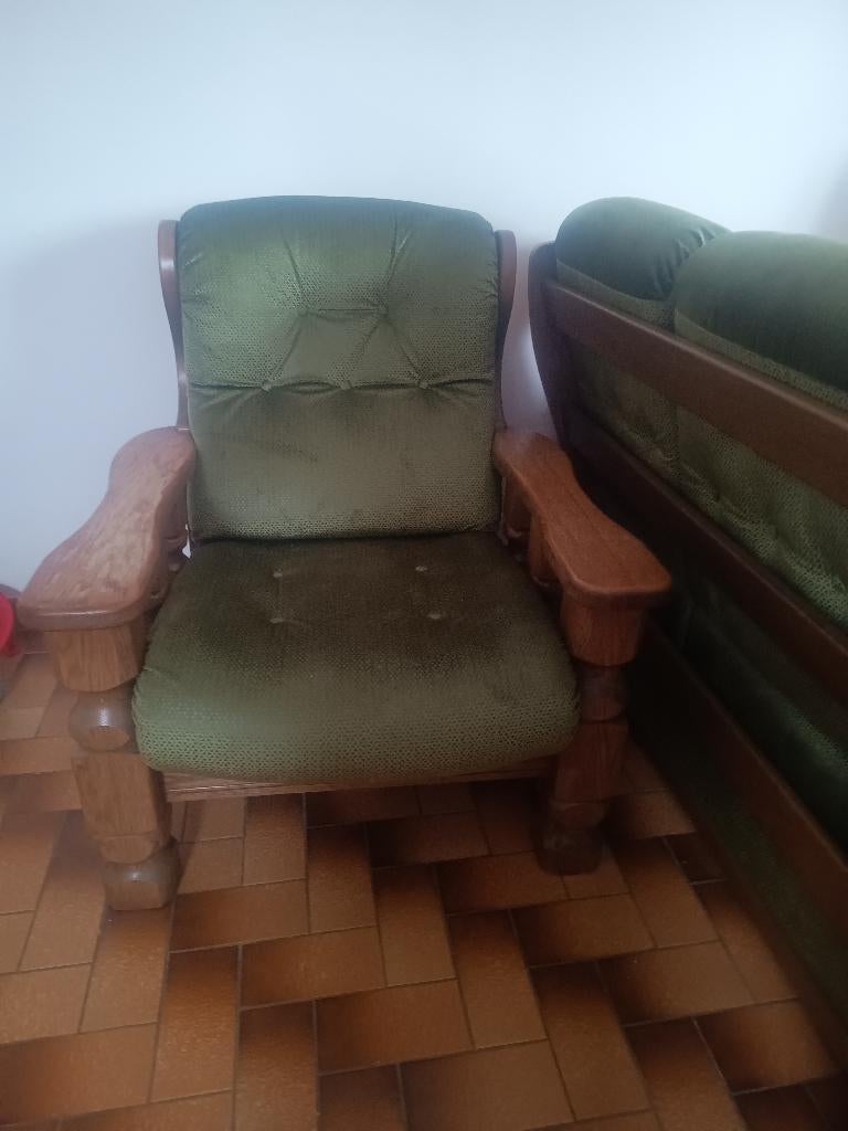 Salon vintage en bois brut entièrement retapissé, 75 à 100 cm, 125 cm ou plus, Vintage, Comme neuf
