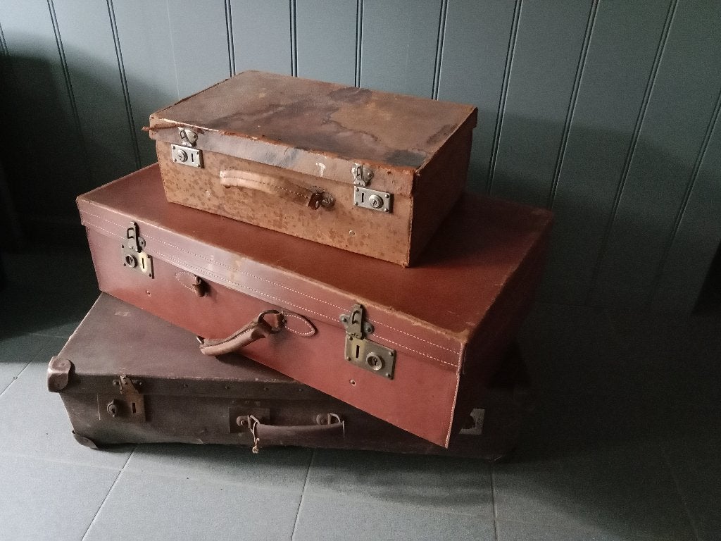 Set van 3 vintage koffers (2x leder, 1x karton), Antiek en Kunst, Ophalen