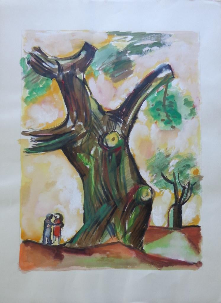 JOEL KASS / LEVENSBOOM / ORIGINEEL WERK / 76x56cm, Antiek en Kunst, Ophalen of Verzenden, Gesigneerd, Aquarel