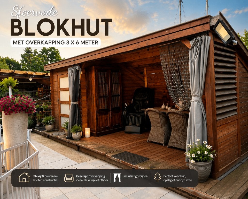 sfeervolle blokhut met overkapping, Tuin en Terras, Tuinhuizen, Ophalen, 3 ramen of meer, Blokhut, 500 cm of meer