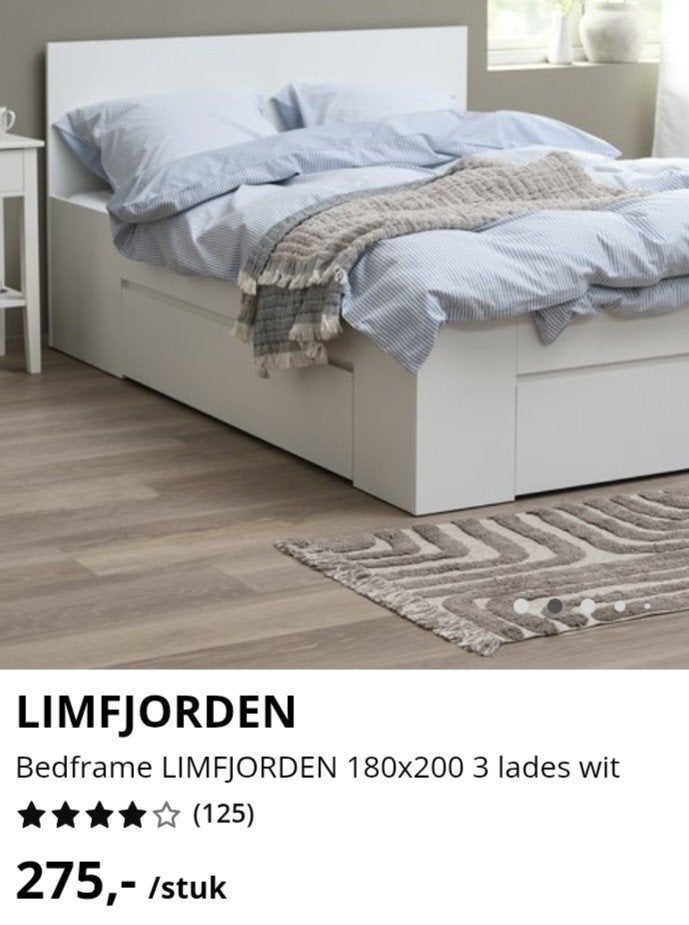 Bedframe Lymfjorden met 3 lades, Huis en Inrichting, Ophalen, Wit, 180 cm, 200 cm