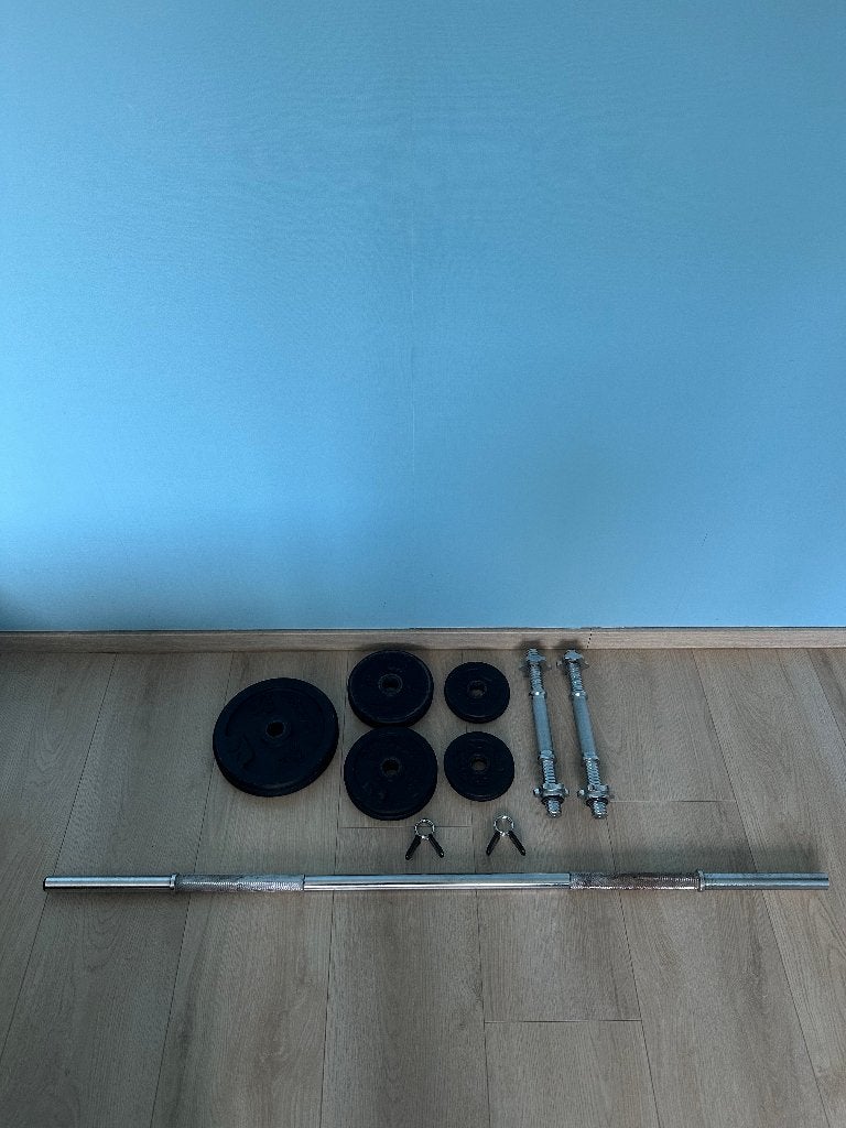 Barbell + 2 dumbbells + 22 kg gietijzeren gewichten, Ophalen, Gebruikt, Dumbbell